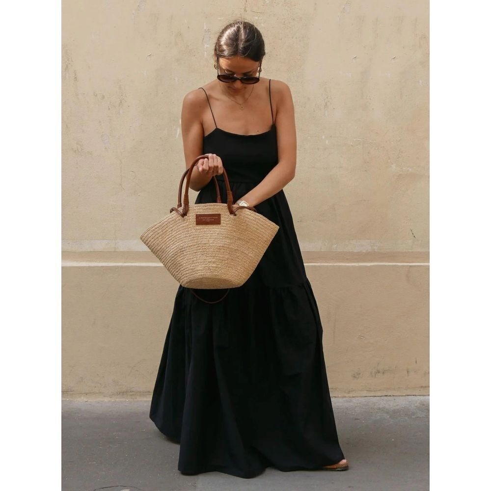 Commense Boho Pleated Solid Black Backless Tiered Evening Cocktail Maxi Dress S